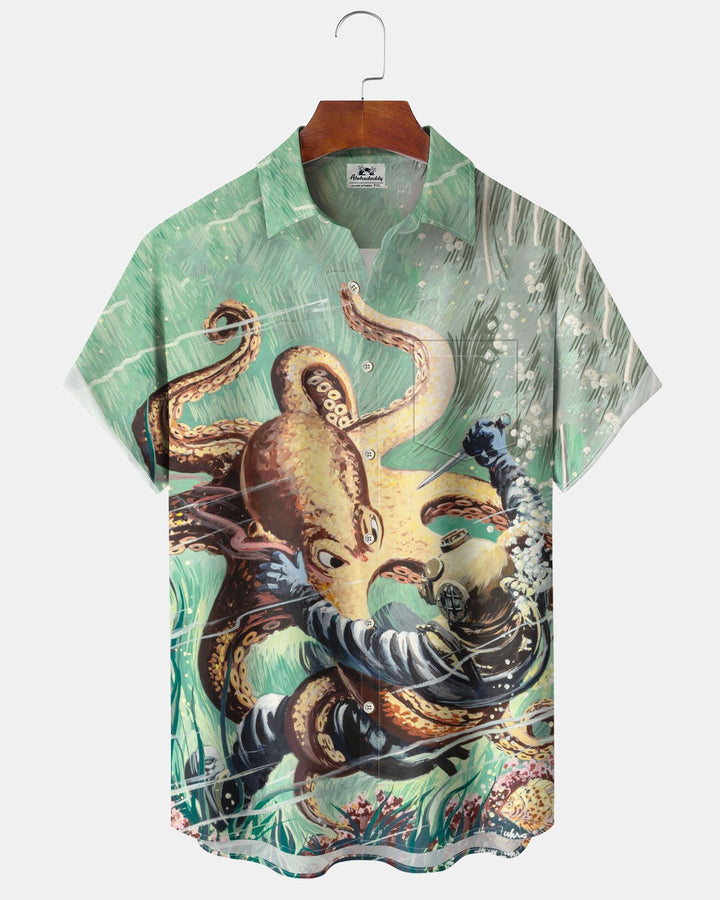 Alohadaddy® Retro Poster Octopus Print Art Pocket Button Men&
