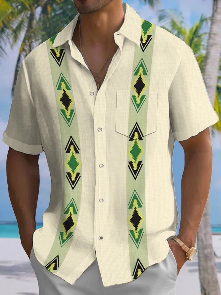 Alohadaddy Casual Collection Stripes Print Art Buttons Cardigan Pockets Fresh Stretch Polyester Short Sleeve Shirt