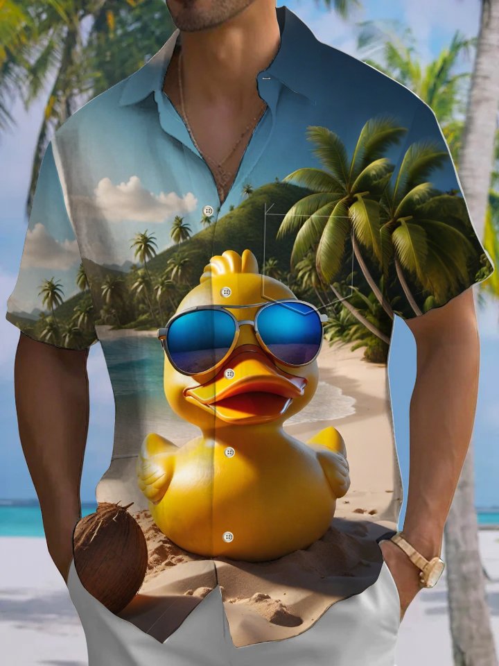 Alohadaddy Casual Collection Vacation Hawaiian Little Yellow Duck Print Art Button Cardigan Pocket Polyester Stretch Short Sleeve Shirt