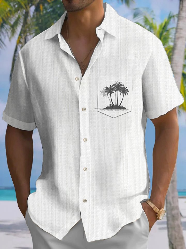 Alohadaddy Casual Everyday Basics Linen Palm Trees Print Art Button Cardigan Pockets Polyester Stretch Oversized Long Short Sleeves Shirt