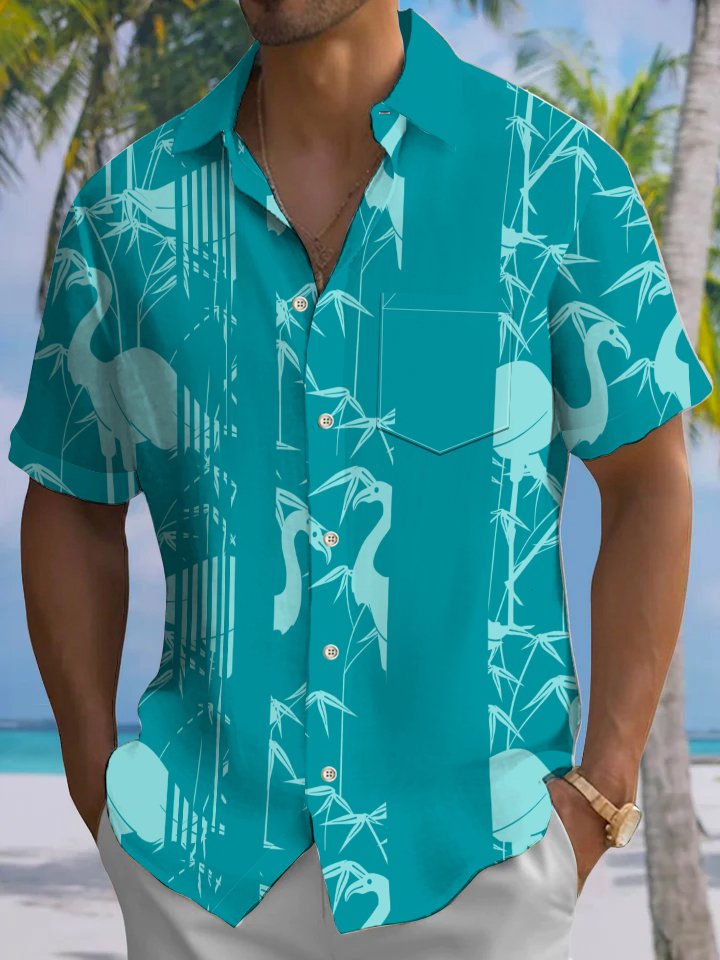 Alohadaddy® Casual Flamingo Stripes Resort Art Print Chest Pocket Moisture Wicking Oversized Hawaiian Shirt