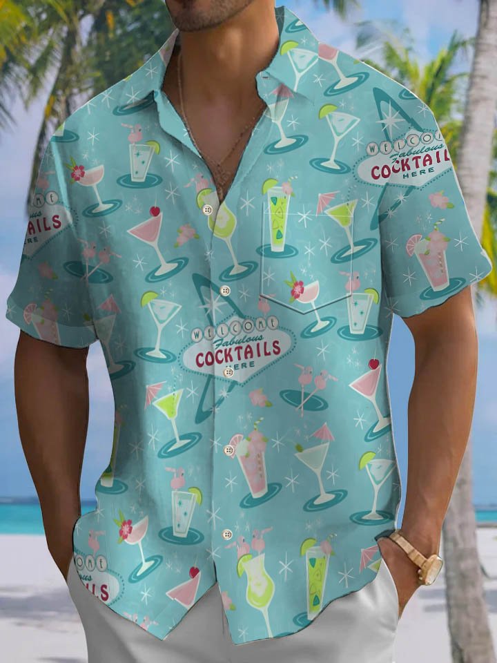 Alohadaddy® Hawaiian Cocktail Print Stretch Large Size Chest Pocket Men&