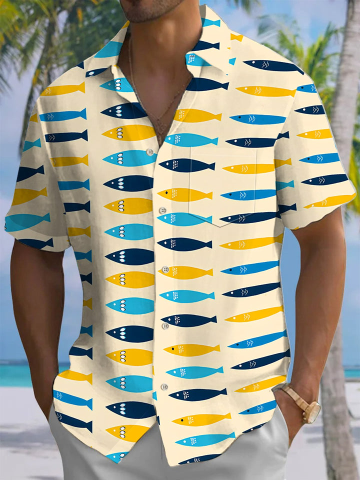 Alohadaddy® Casual Geometric Fish Art Print Chest Pocket Mens Short Sleeve Shirt Big &amp; Tall