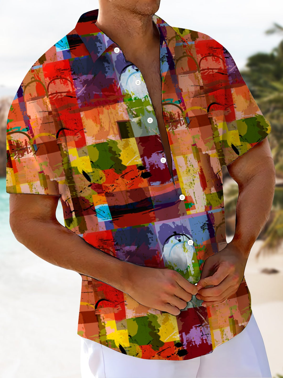 Alohadaddy® Vintage Geometric Art Print Moisture Wicking Chest Pocket Mens Short Sleeve Shirt Big &amp; Tall