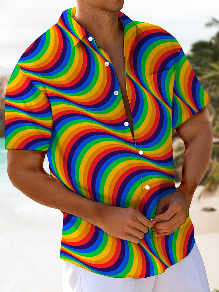 Alohadaddy® Casual Abstract Stripe Striped Print Art Chest Pocket Men Short Sleeve Shirt Big &amp; Tall