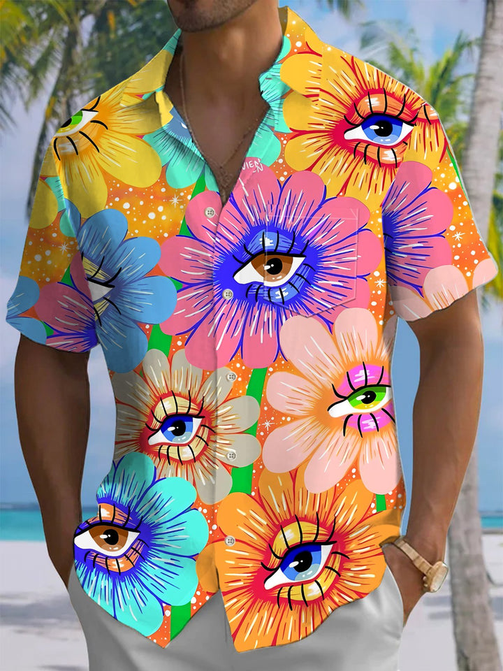 Alohadaddy® Hawaiian floral eye print chest pocket men&