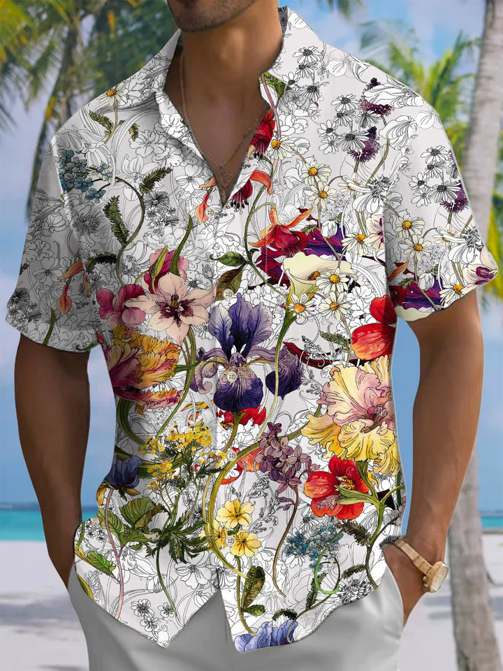 Alohadaddy® Hawaiian Flowers Art Print Chest Pocket Mens Short Sleeve Shirt Big &amp; Tall