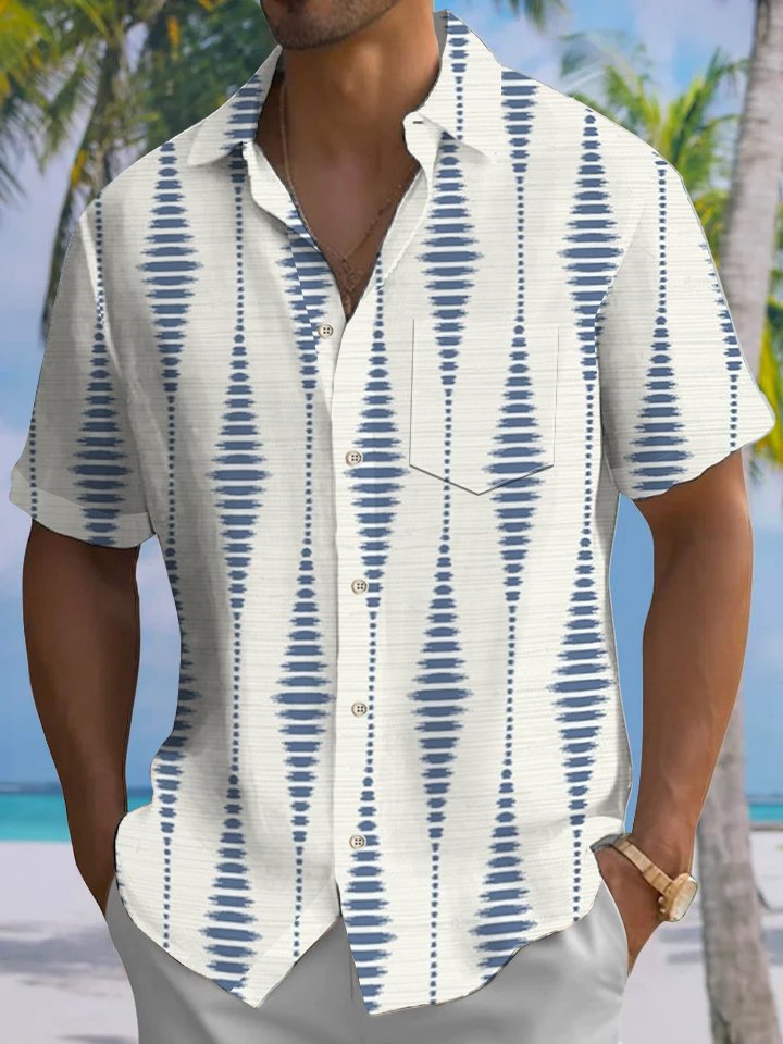 Alohadaddy® Casual Stripe Geometric Art Print Chest Pocket Men&