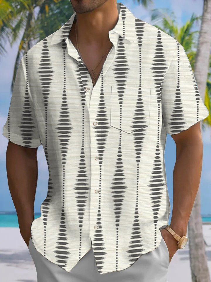 Alohadaddy® Casual Stripe Geometric Art Print Chest Pocket Men&