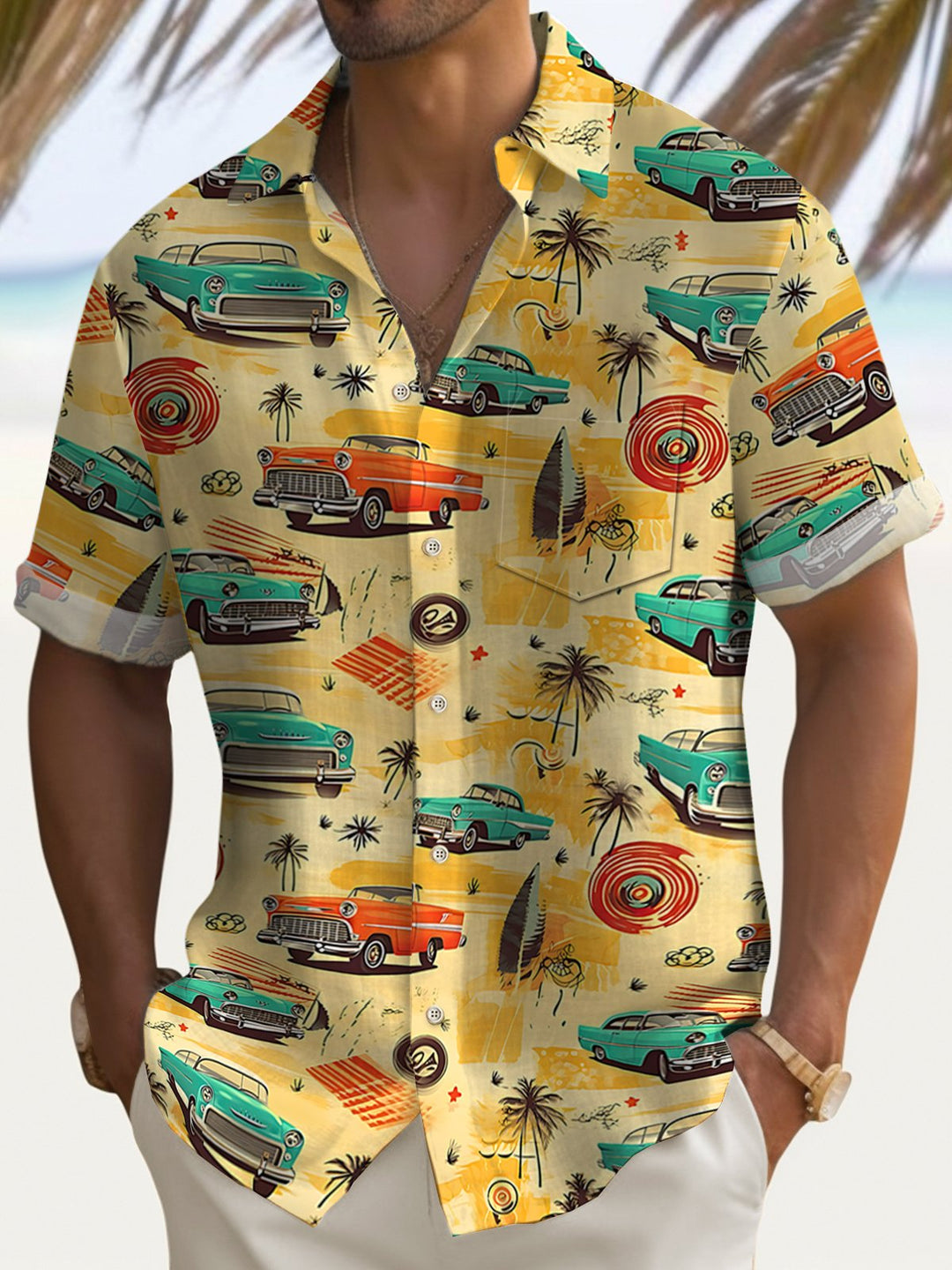 Camisa de manga corta con bolsillo abotonado y estampado de coches retro para hombre de Alohadaddy