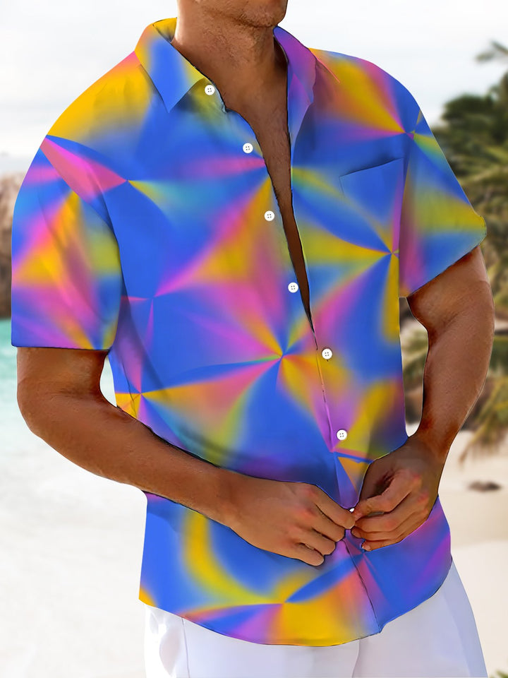 Alohadaddy® Casual Geometric Triangle Art Print Chest Pocket Large Size Long Hawaiian Men&