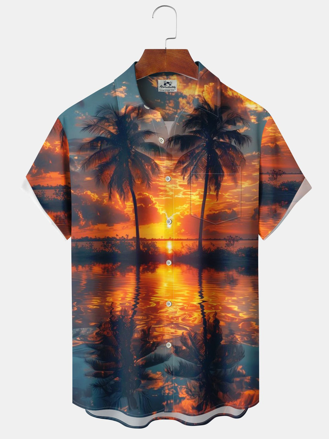 Alohadaddy® Retro Beach Coconut Tree Printed Chest Pocket Elastic Moisture Wicking Large Size Hawaiian Shirt