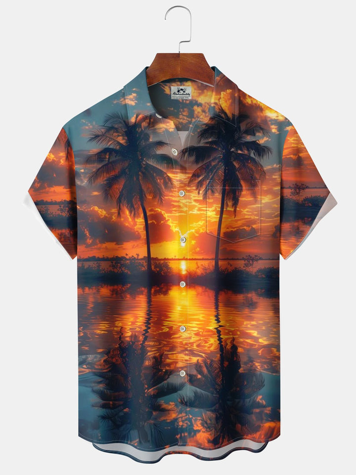Alohadaddy® Retro Beach Coconut Tree Printed Chest Pocket Elastic Moisture Wicking Large Size Hawaiian Shirt
