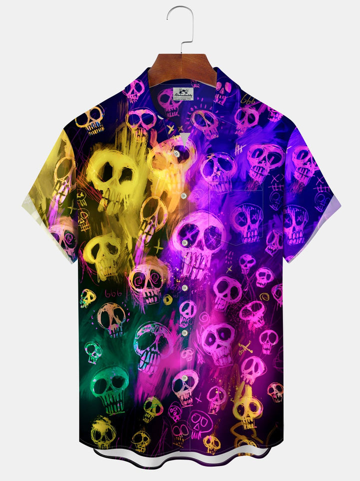 Alohadaddy® Vintage Skull Ombre Art Print Pockets Moisture Wicking Hawaiian Shirt Big &amp; Tall