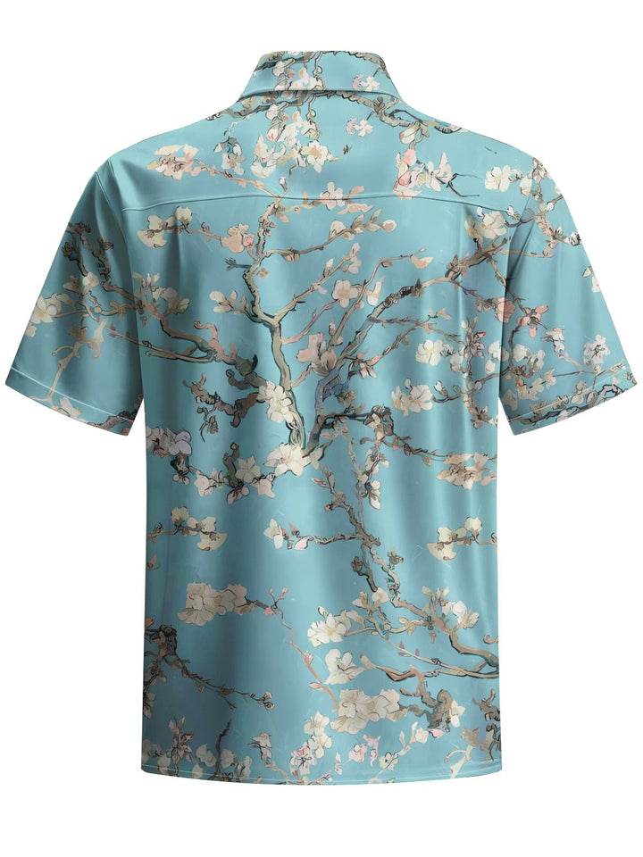 Alohadaddy® Vintage Peach Blossom Painting Print Art Chest Pocket Men Short Sleeve Shirt Big &amp; Tall