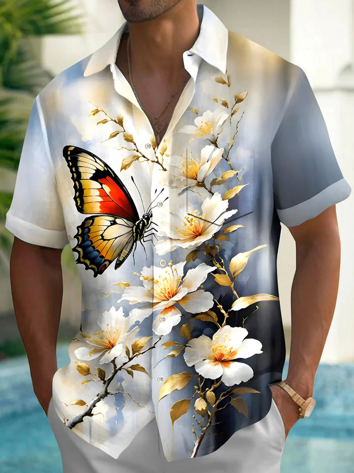 Alohadaddy® Vintage Flowers Butterfly Print Art Chest Pocket Men&
