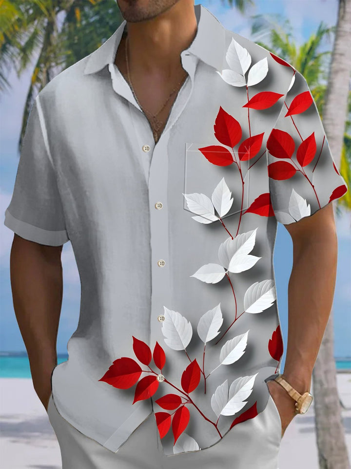 Alohadaddy® Casual Leaf Art Print Chest Pocket Men&