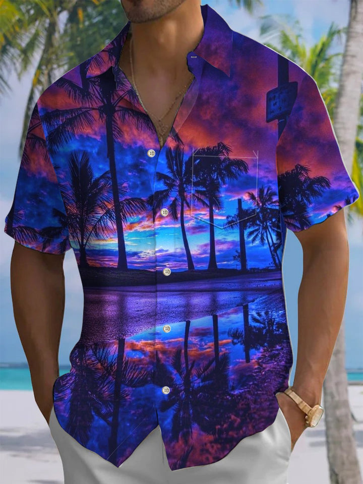 Alohadaddy® Hawaiian Coconut Tree Vacation Art Print with Chest Pocket for Men&