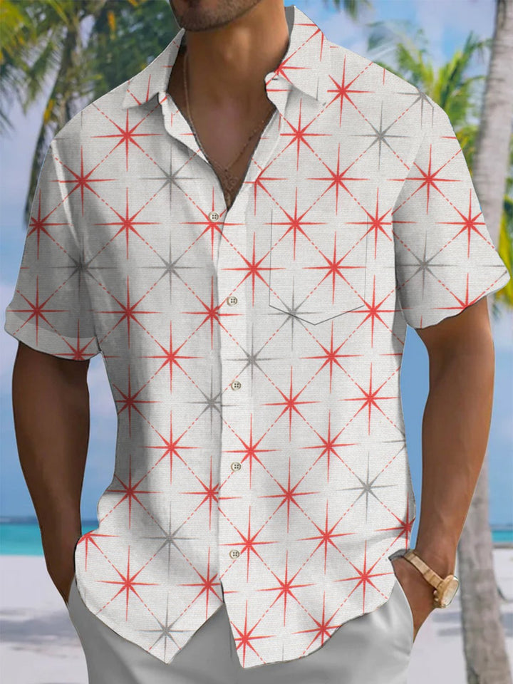 Alohadaddy® Retro Geometric Star Print Pocket Button Stretch Men&