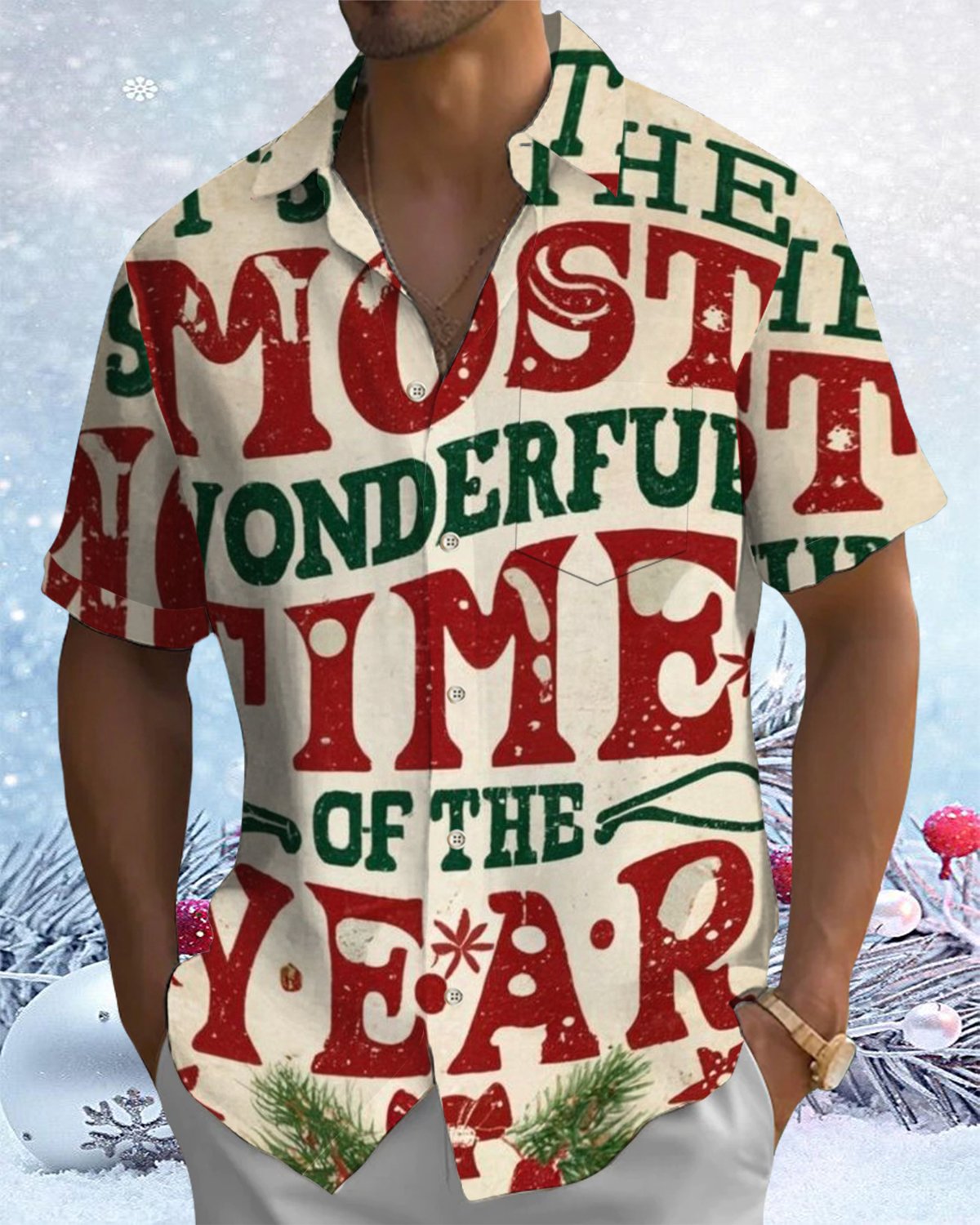 Alohadaddy® Vintage Christmas Letter Print Pocket Elastic Button Men's Short Sleeve Shirt Big & Tall