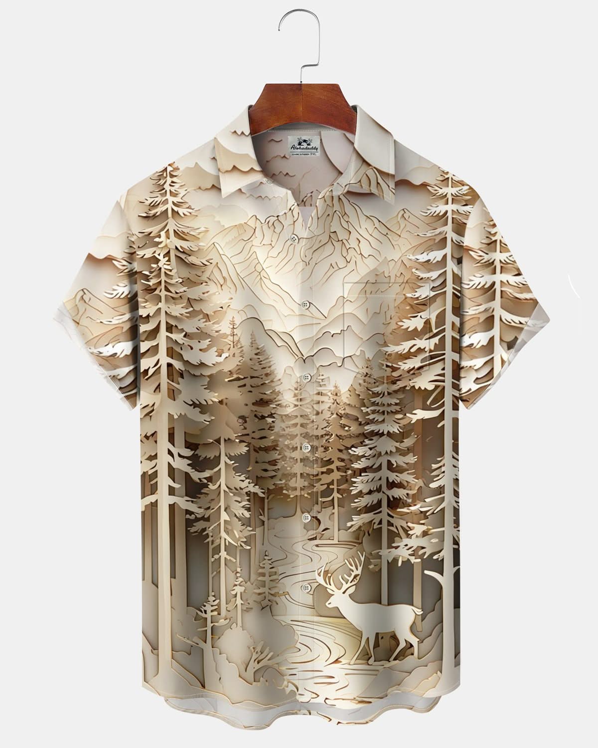 Alohadaddy® Vintage 3D Forest Art Pocket Elastic Button Men's Short Sleeve Shirt Big & Tall