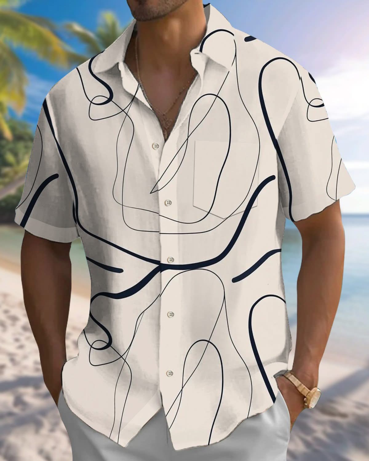 Alohadaddy® Casual Stripes Abstract Print Pocket Stretch Men's Short Sleeve Shirt Big & Tall