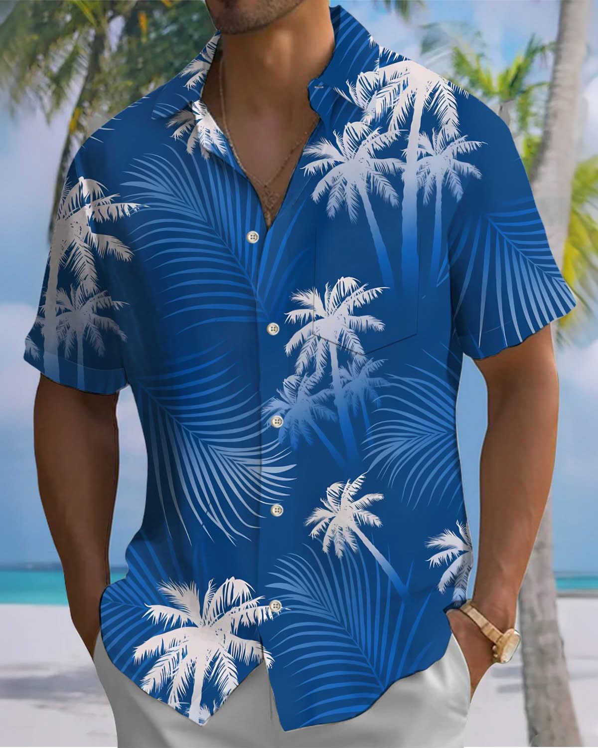 Alohadaddy® Hawaiian Palm Tree Print Short Sleeve Shirt For Men With Elastic Buttons And Pockets Big & Tall