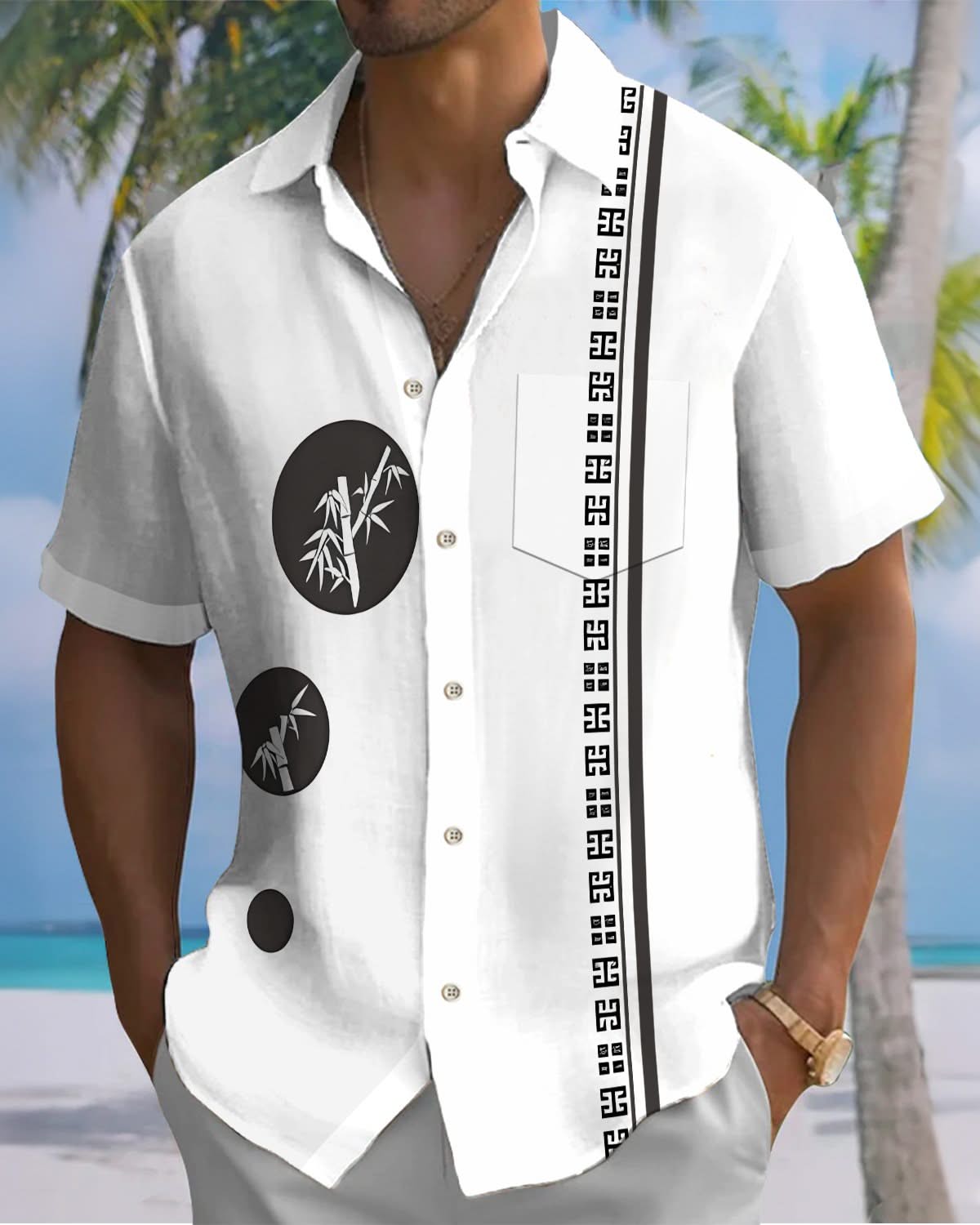 Alohadaddy® Retro Striped Bamboo Print Art Pockets with Elastic Buttons Men's Short Sleeve Shirt Big & Tall