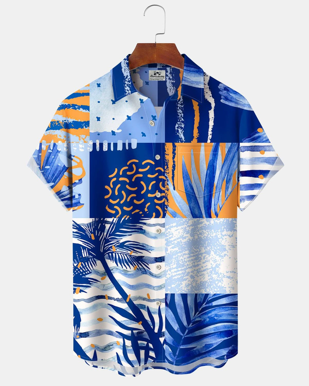 Alohadaddy® Hawaiian Palm Tree Geometric Print Art Pocket Button Stretch Men&