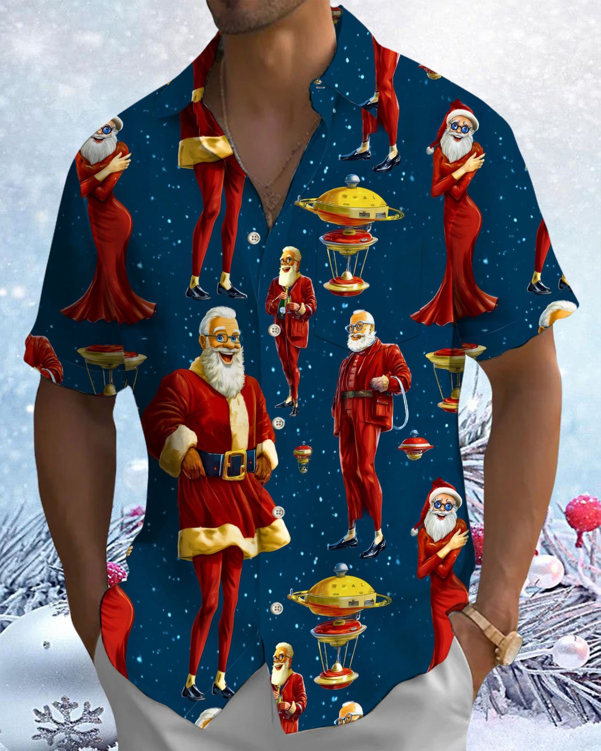 Alohadaddy® Christmas Santa Claus Art Print Stretch Button Pocket Men's Short Sleeve Shirt Big & Tall