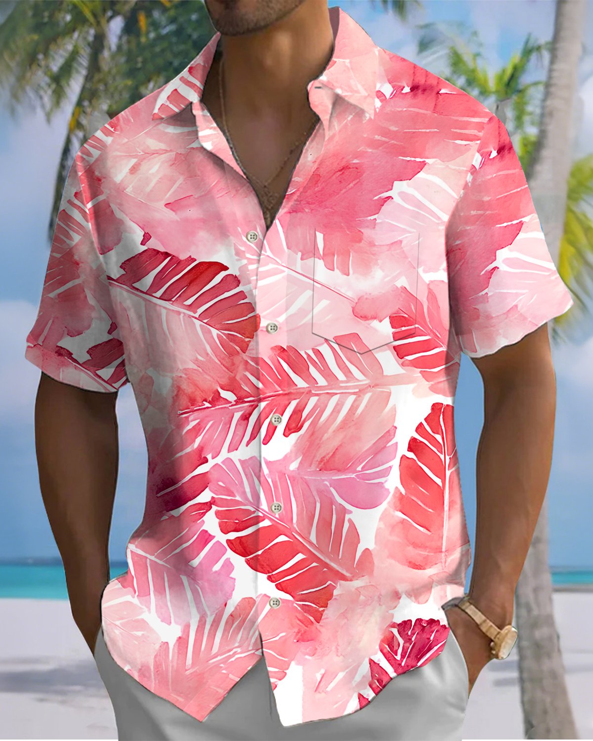 Alohadaddy® Casual Hawaiian Palm Tree Print Artistic Button Pocket Cardigan Men's Short Sleeve Shirt Big & Tall