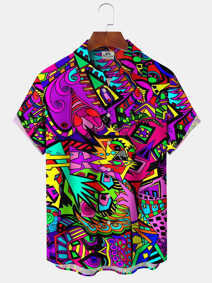Alohadaddy Leisure Series Graffiti Street Daily Cool Feeling Print Art Pocket Cardigan Button Polyester Stretch Short Sleeve Shirt