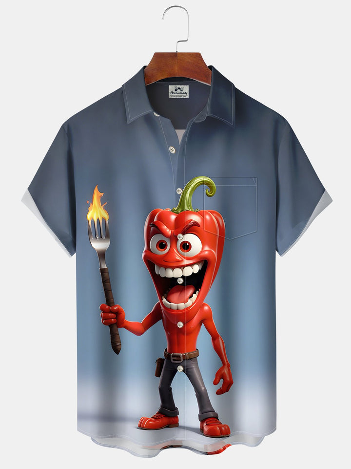 Alohadaddy Casual Cartoon Chili Pepper Print Art Button Cardigan Pockets Breathable Soft Long Large Size Short Sleeve Shirt