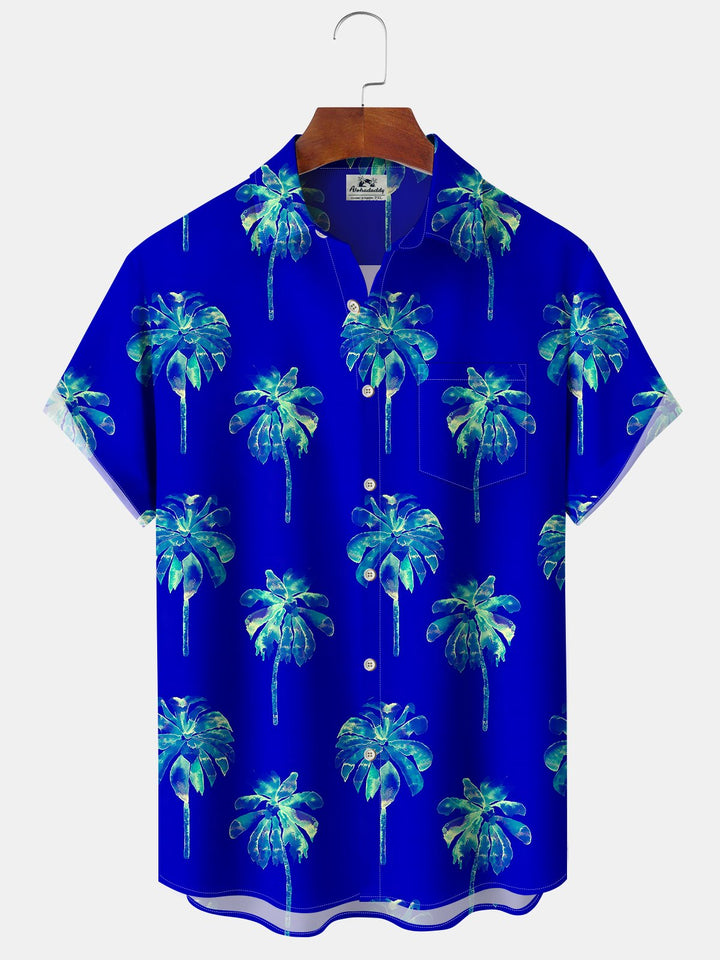 Alohadaddy Casual Everyday Hawaii Palm Trees Arrangement Print Art Polyester Pocket Cardigan Stretch Long Oversized Short Sleeve Shirt