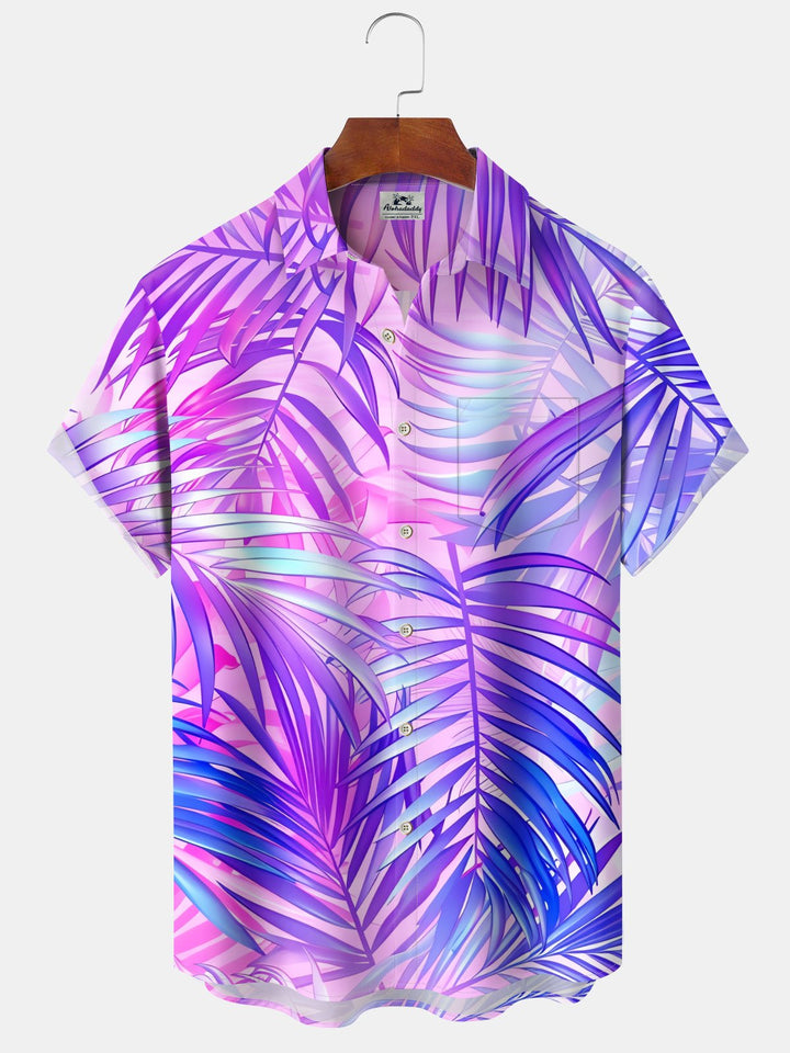 Alohadaddy Palm Tree Leaves Colorful Art Print Chest Pocket Moisture Wicking Large Size Casual Hawaiian Short Sleeve Shirt