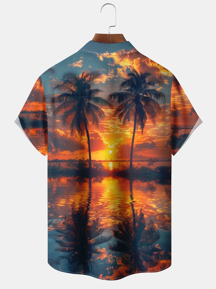 Alohadaddy® Retro Beach Coconut Tree Printed Chest Pocket Elastic Moisture Wicking Large Size Hawaiian Shirt