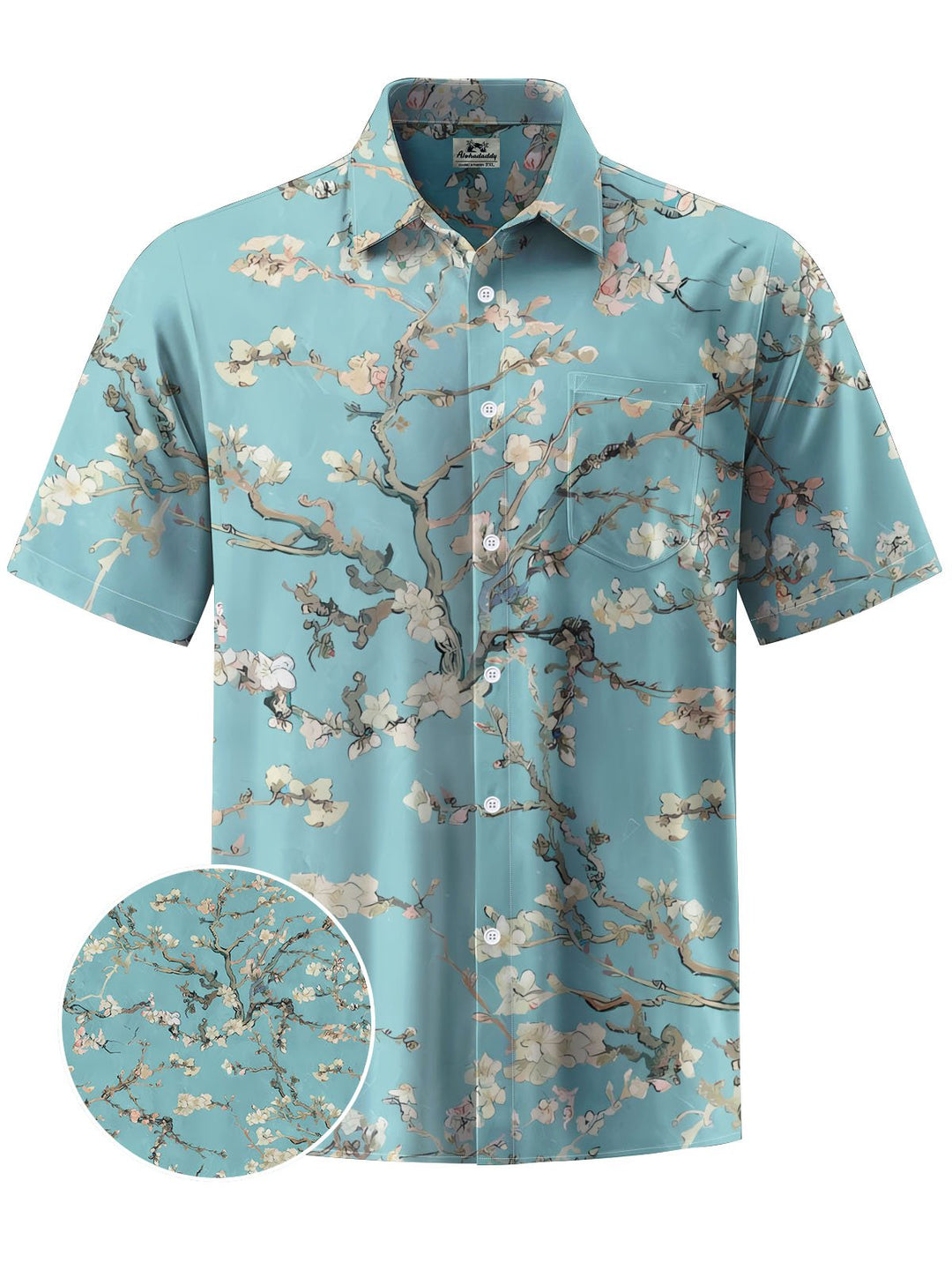 Alohadaddy® Vintage Peach Blossom Painting Print Art Chest Pocket Men Short Sleeve Shirt Big &amp; Tall