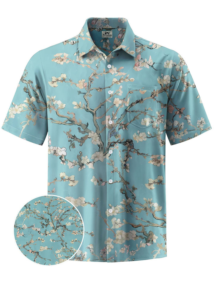 Alohadaddy® Vintage Peach Blossom Painting Print Art Chest Pocket Men Short Sleeve Shirt Big &amp; Tall