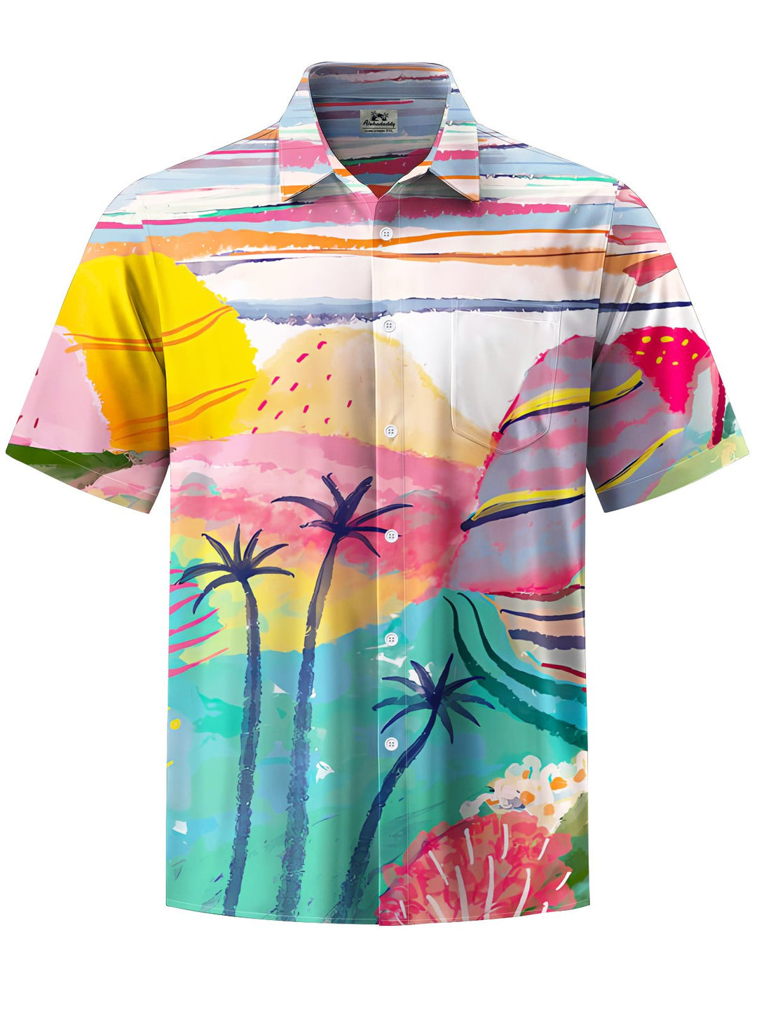 Alohadaddy® Hawaiian Painting Palm Trees Print Art Chest Pocket Mens Short Sleeve Shirt Big &amp; Tall