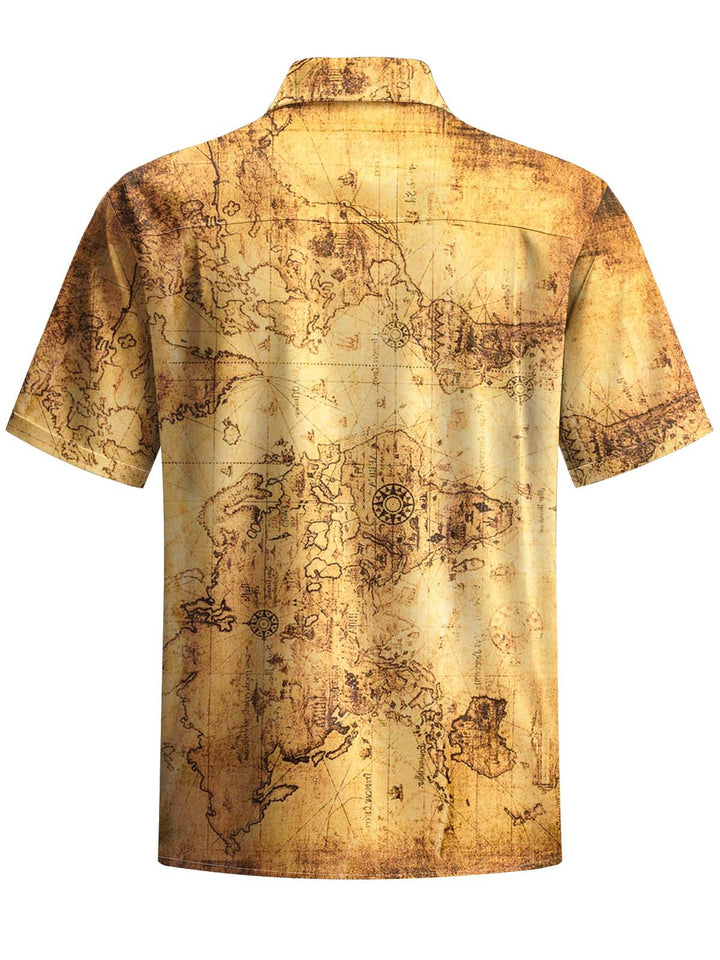 Alohadaddy® Vintage Map Art Print Chest Pocket Stretch Men&