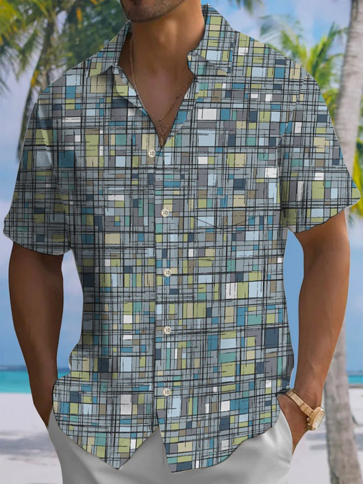 Alohadaddy® Casual Plaid Print Art Elastic Pocket Button Men&