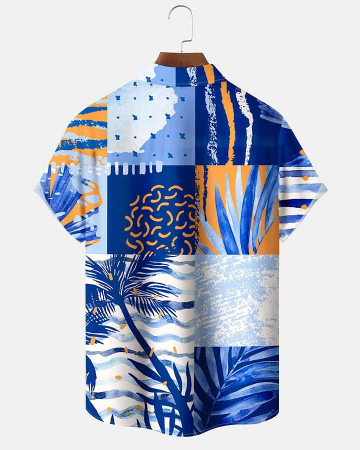 Alohadaddy® Hawaiian Palm Tree Geometric Print Art Pocket Button Stretch Men&