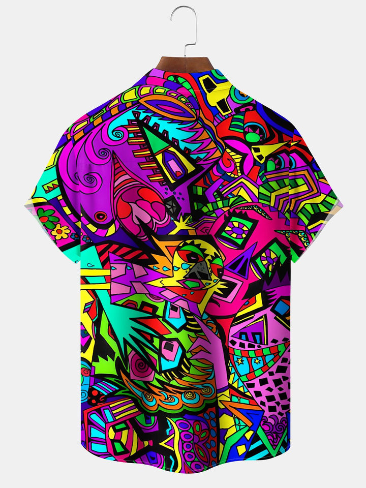 Alohadaddy Leisure Series Graffiti Street Daily Cool Feeling Print Art Pocket Cardigan Button Polyester Stretch Short Sleeve Shirt