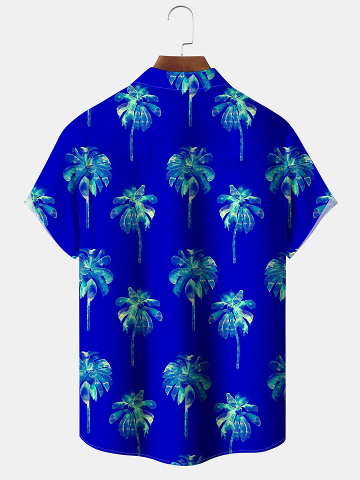 Alohadaddy Casual Everyday Hawaii Palm Trees Arrangement Print Art Polyester Pocket Cardigan Stretch Long Oversized Short Sleeve Shirt