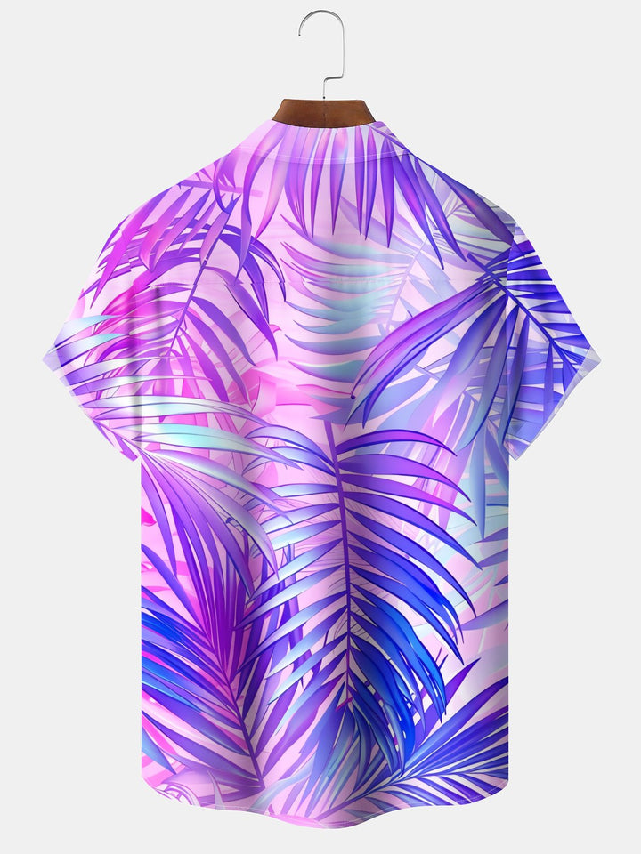 Alohadaddy Palm Tree Leaves Colorful Art Print Chest Pocket Moisture Wicking Large Size Casual Hawaiian Short Sleeve Shirt