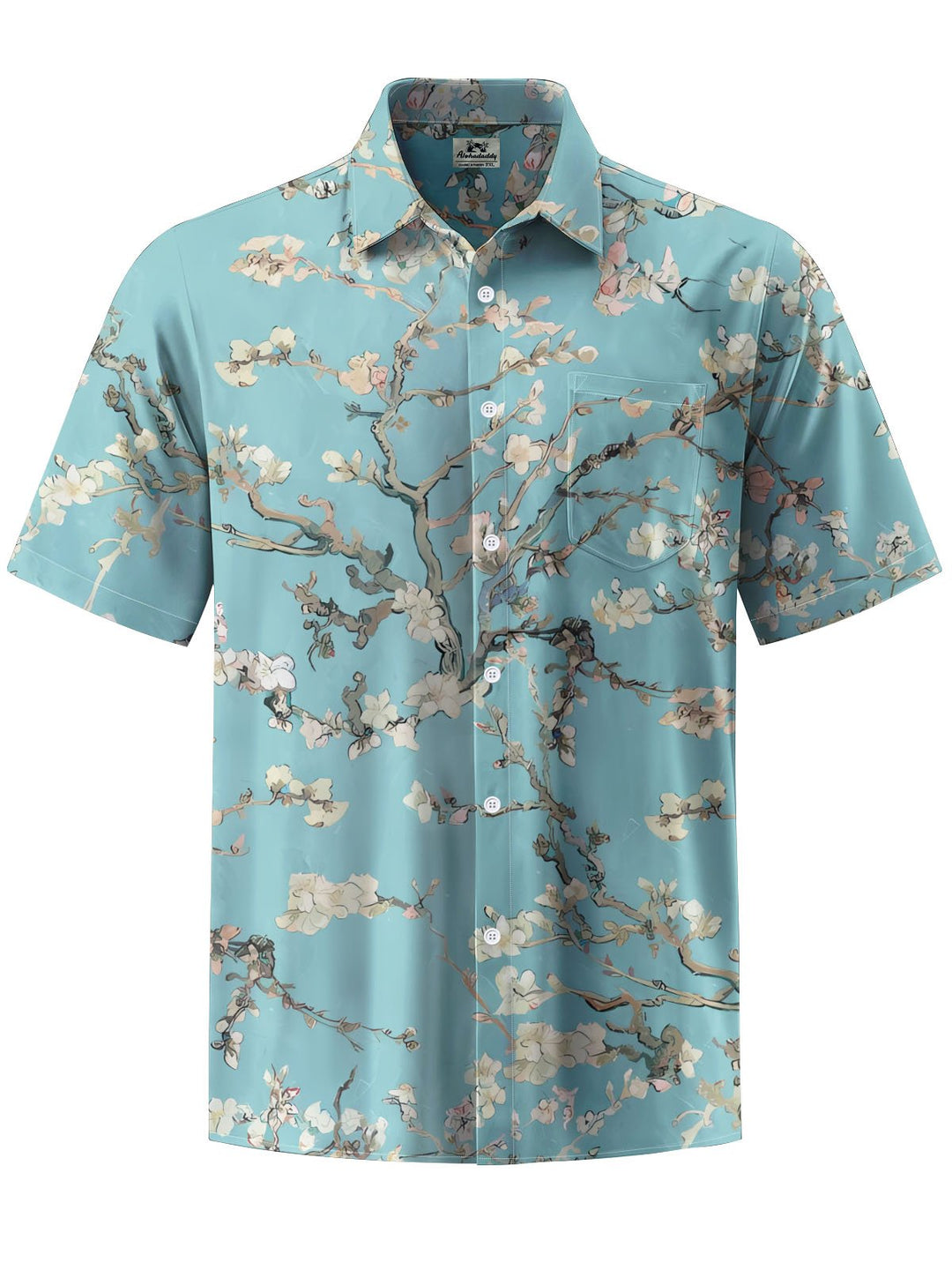 Alohadaddy® Vintage Peach Blossom Painting Print Art Chest Pocket Men Short Sleeve Shirt Big &amp; Tall