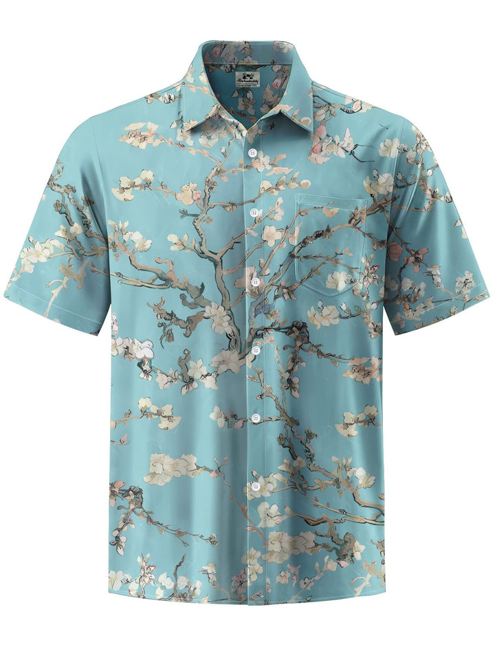 Alohadaddy® Vintage Peach Blossom Painting Print Art Chest Pocket Men Short Sleeve Shirt Big &amp; Tall