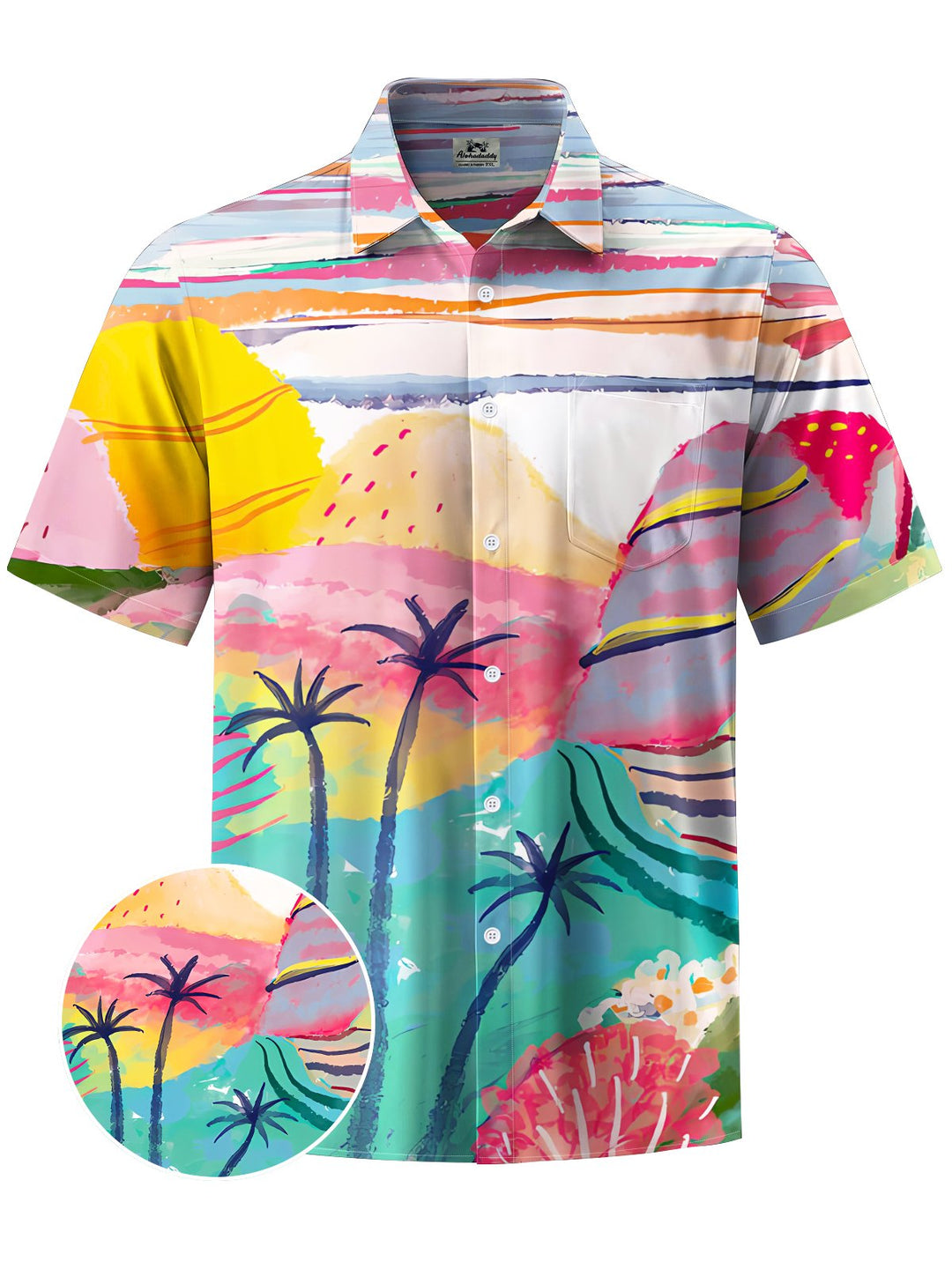 Alohadaddy® Hawaiian Painting Palm Trees Print Art Chest Pocket Mens Short Sleeve Shirt Big &amp; Tall