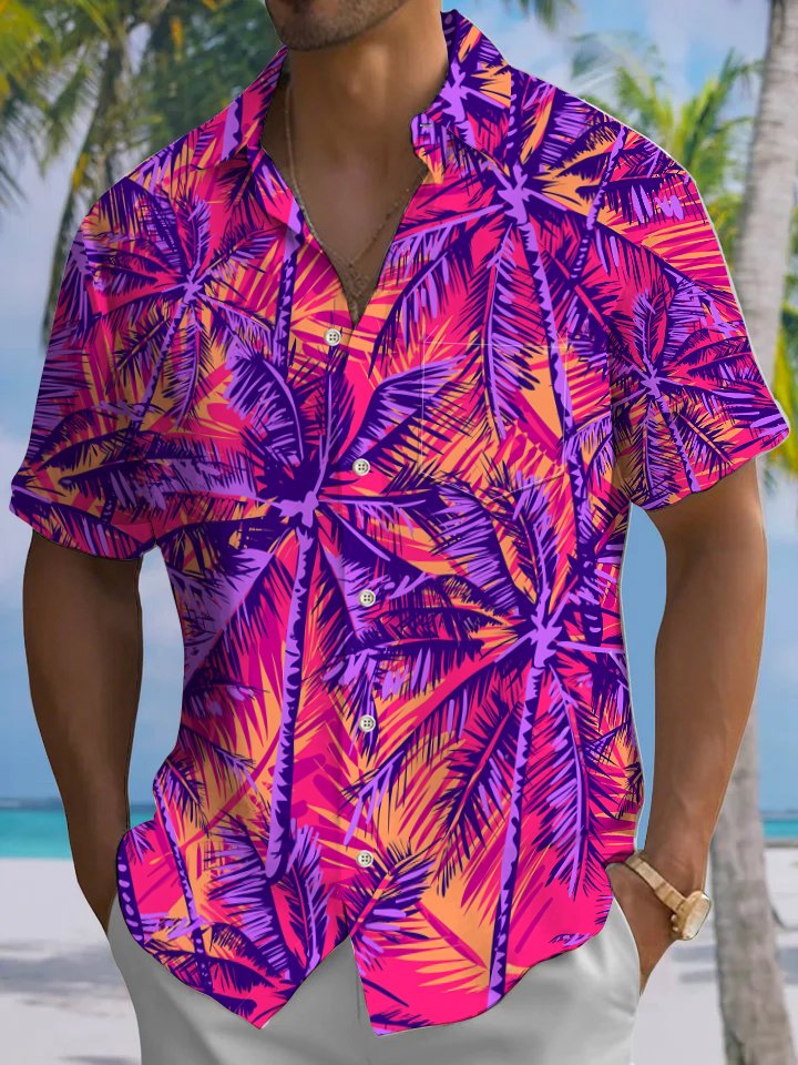 Alohadaddy® Hawaii Palm Tree Art Print Chest Pocket Mens Short Sleeve Shirt Big &amp; Tall