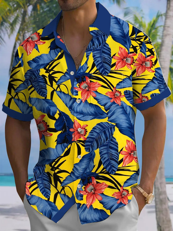 Alohadaddy® Hawaiian Flowers Contrast Art Print Chest Pocket Mens Short Sleeve Shirt Big &amp; Tall